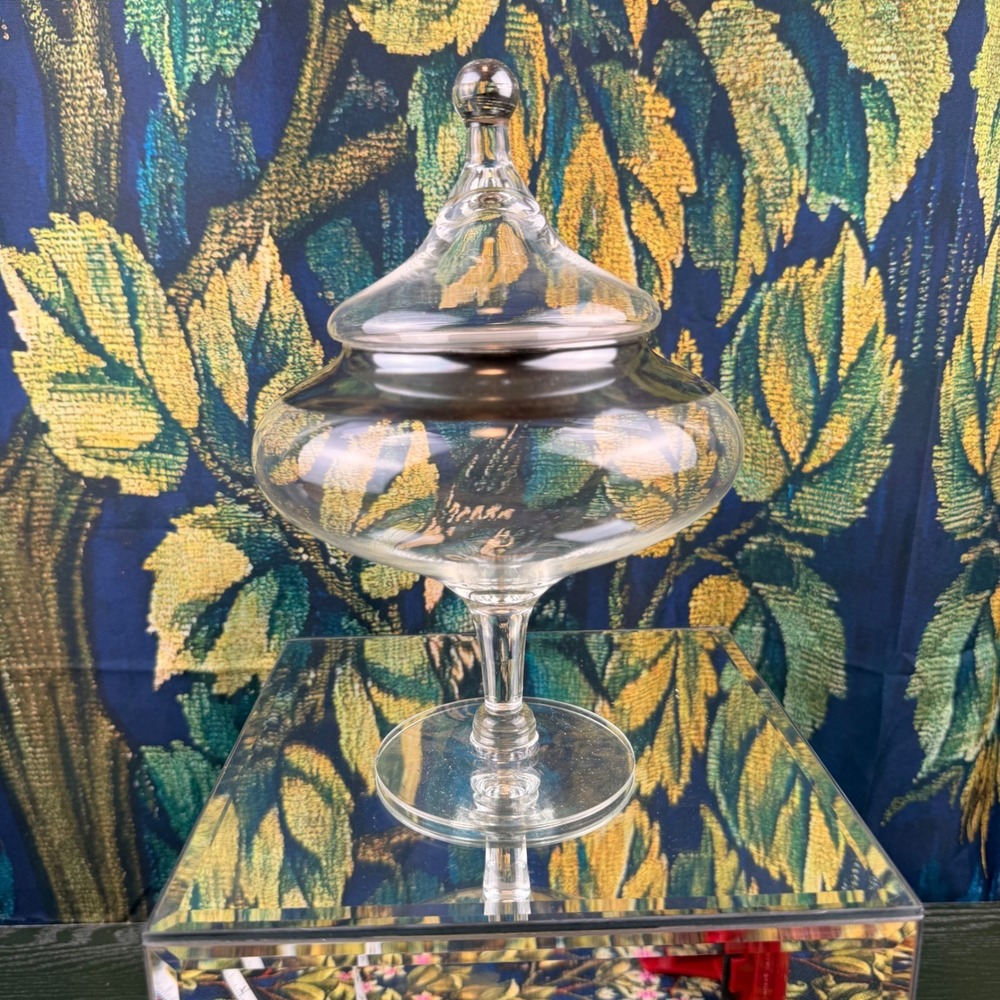 Mid-Century Vintage Silver Banded Clear Glass Apothecary 9" Tall Candy Dish
